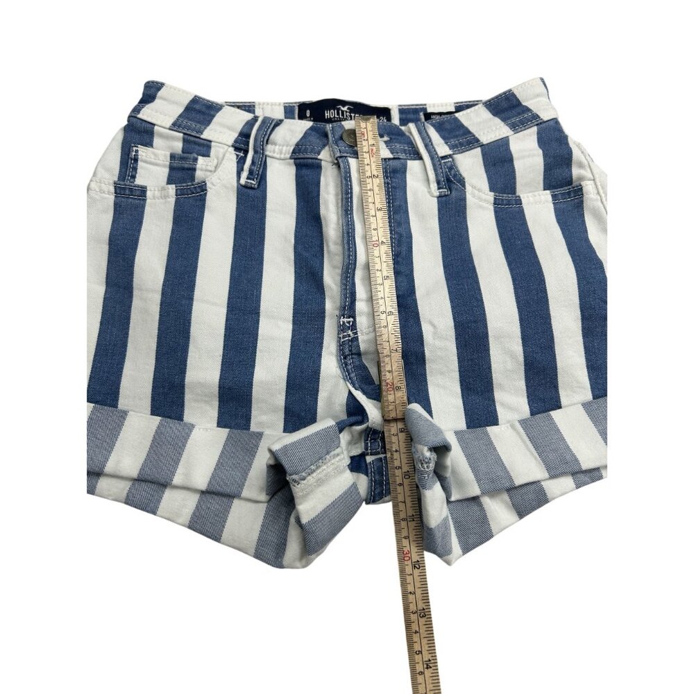 Hollister High-Rise Mom Shorts 3" Blue & White Striped W24 Cotton Blend - Picture 6 of 9